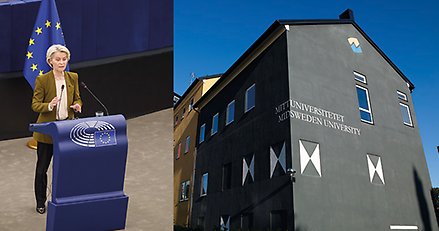 Kollage med dels en bild på en kvinna som står i en talarstol, dels byggnader på Mittuniversitetets campusområde.