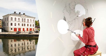 Kolla som dels visar en oidentifierbar kvinnlig konstnär som skissar på en vägg, dels exteriören på Härnösands konsthall.