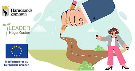 Illustration som visar en kvinna och i bakgrunden en stor hand med en penna som ritar upp en väg mot horisonten.