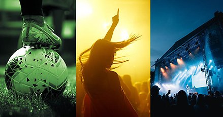 Kollage med tre bilder: en närbild på en fot och en fotboll, siluetten av en dansande kvinna, samt en upplyst konsertscen utomhus.