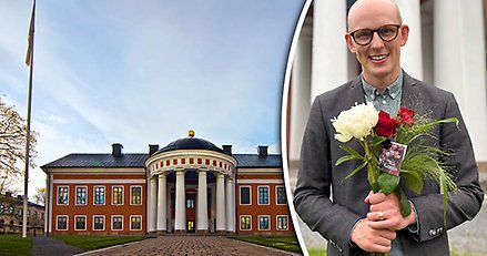 Kollage med dels exteriör på en äldre byggnad med rotunda, dels en leende man i 35-årsåldern som håller i en blombukett.