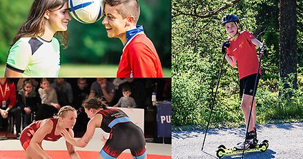 ett collage med två ungdomar med en fotboll, två ungdomar som brottas och en som åker rullskidor