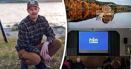 Kollage med tre bilder: En fritidsklädd man i naturen, en bastuflotte på en sjö och en bioföreställning. 