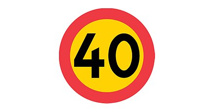 en rund gul vägskylt med röd ram och siffran 40