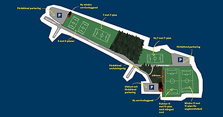 En skiss över ett område med flera fotbollsplaner inritade.