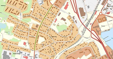 Karta över en stadsmiljö där en sträcka är markerad med grönt