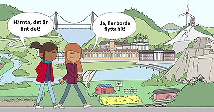 Illustrerad bild där två personer går i en stadsmiljö. Den ena säger "härnta, det är fint det". Den andra svarar "ja fler borde flytta hit"