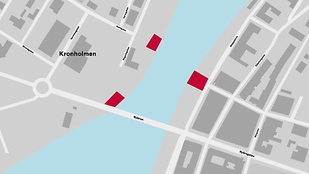 karta med tre mindre områden markerade med rött