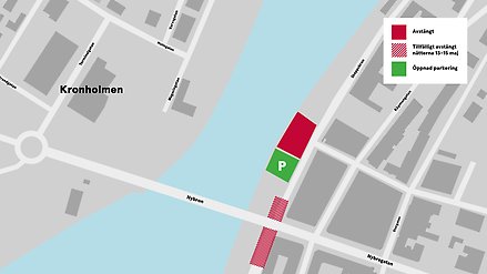 karta med flera områden markerade med rött eller grönt.