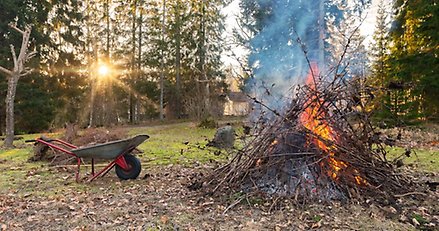 en eld med trädgårdsavfall i en trädgård