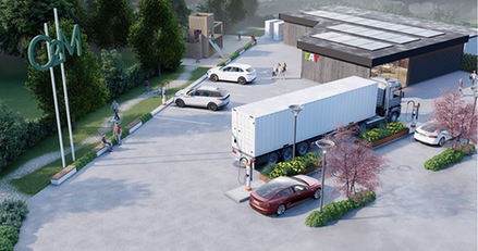 En idéskiss till rastplats med laddstationer för elbilar, en restaurangbyggnad och parkeringsplatser.