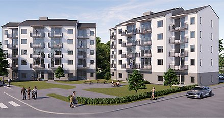 En illustration som föreställer två lägenhetshus. 