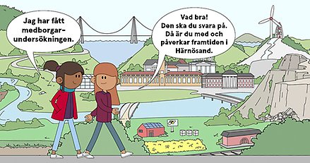 illustrerad bild av två personer som går i stadsmiljö.
Den ena säger: Jag har fått medborgarundersökningen. Den andra svarar: Vad bra.
Den ska du svara på. Då är du med och påverkar framtiden i Härnösand.