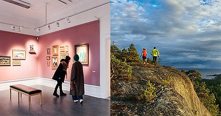 två bilder bredvid varandra. På den vänstra står två personer och ser på tavlor på en vägg. På den högra springer två personer över ett berg med utsikt över havet.