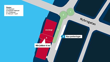 Kartskiss över arbetsområdet vid Nybron med fyra numrerade arbetsområden