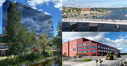 collage med två byggnader och en bro