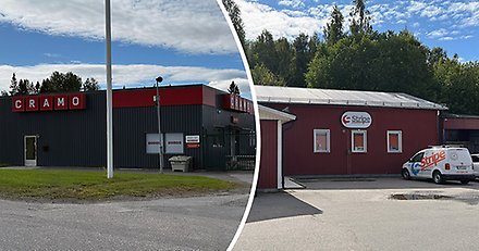 Fotomontage, två exteriöra bilder på byggnader, företagsnamnen Cramo och Stripe på byggnaderna