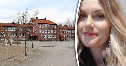 Kollage med exteriörbild på Älandsbro skola och porträttbild på ung kvinna med ljust hår.