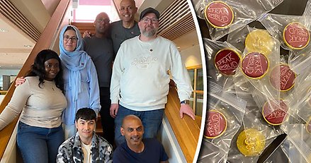 Kollage med dels ett foto på åtta personer samlade i en trappa, dels en bild på pins med texten "Språkombud" på.