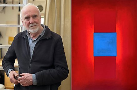 Bildmontage med fotografi av konstnären och målning av konstnären.