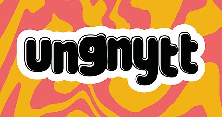 Texten Ung Nytt skriven i svart. Vågig bakgrund i orange, vitt och rosa.