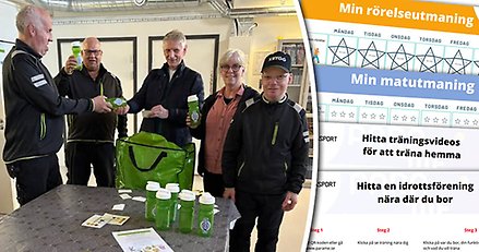 Bildkollage som dels visar en bild med fem glada personer, dels skärmbilder från webbsidan med information om hälsofrämstande åtgårder.