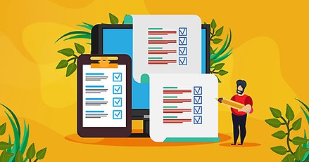 Illustration som symboliskt visar en liten figur som med en stor penna fyller i svar i enkäter.