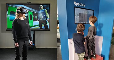 collage av två bilder, en med en kvinna med vr-kamera på sig, en med två barn som står vid en digital skärm