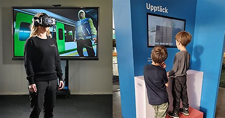 collage av två bilder, en med en kvinna med vr-kamera på sig, en med två barn som står vid en digital skärm