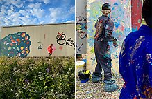 Två bilder med barn som deltar i skapande aktivitet på Härnösands öppna vägg