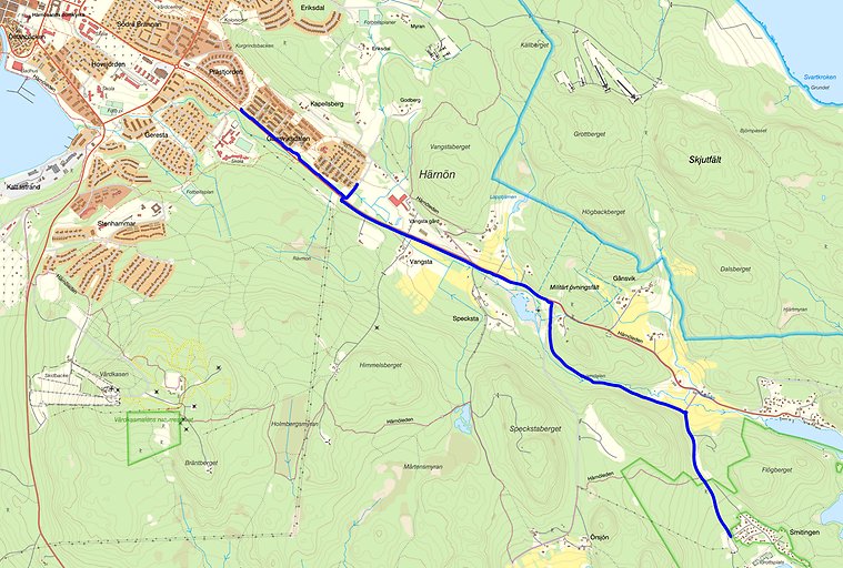 karta med en sträcka markerad med blått