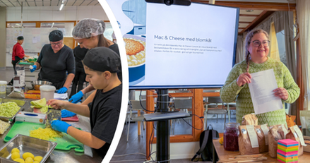 Bild på Susanne Jonsson och på elever som lagade mat