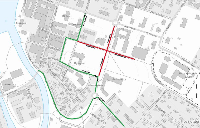 karta med röda och gröna linjer markerade