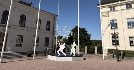 Scen på torget med inklippta figurer som spelar och sjunger