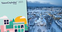 Flygbild över centrala Härnösand i vinterskrud samt försättsbladet på en enkätundersökning med titeln "Talent City Index 2025".
