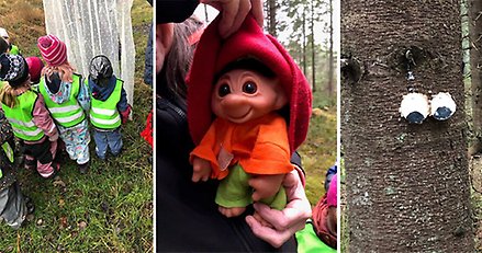 Tre bilder i ett kollage. Första bilden föreställer förskolebarnen som går genom en portal av band. Andra bilden är ett troll i en mössa. Tredje bilden är ett träd med ögon på. 