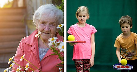 fotocollage äldre dam med blommor och två barn med tennisracket