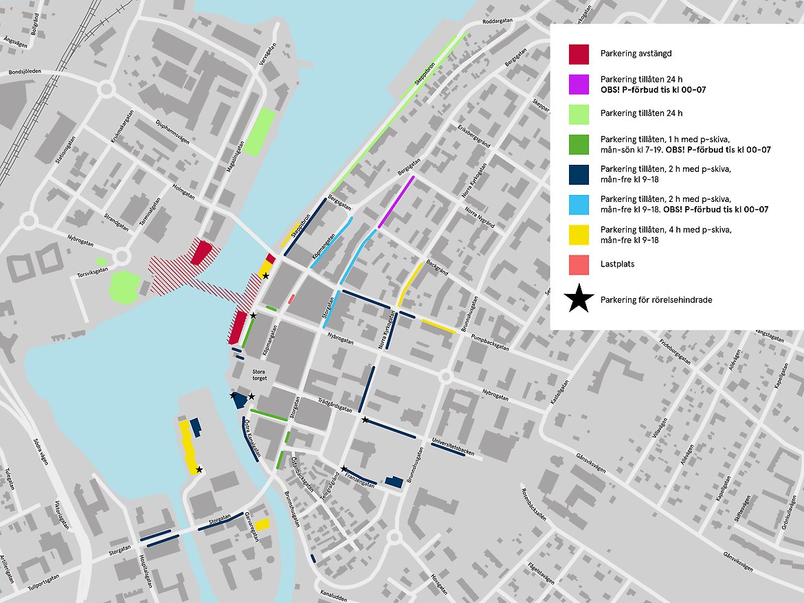 Karta över en stad med färgade linjer på olika vägar