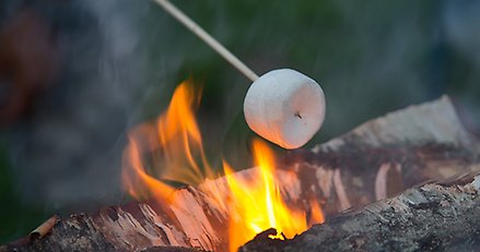 En eld på grillplats ute, någon rostar en marshmallow över elden.