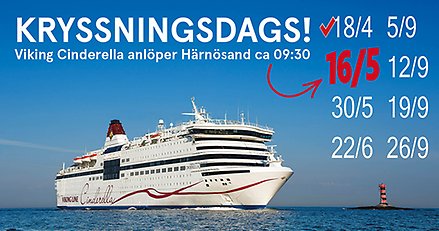 Bild på kryssningsfartyget Viking Cinderella med datum för 2022 års anlöp i Härnösand.