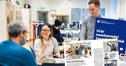 Två glada elever sitter på lektion med en lärare i förgrunden. Inklippt är artikeluppslaget från Tidningen Energi samt en bild från Svenska utbildningspriset om att vi blivit nominerade.