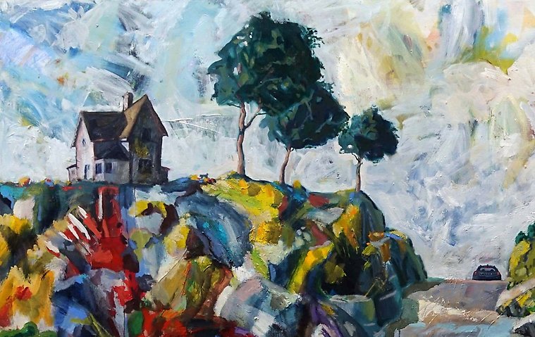 Ett hus på en kulle. Oljemålning av Staffan Westerlund.